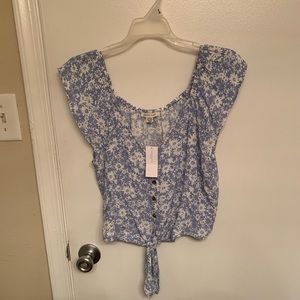 Blue floral tie-front blouse